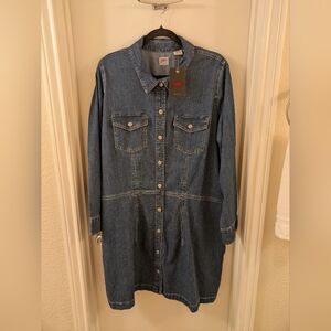 Levi's Blue Midi Shirt Dress with Notched Collar and Cuffed Sleeves